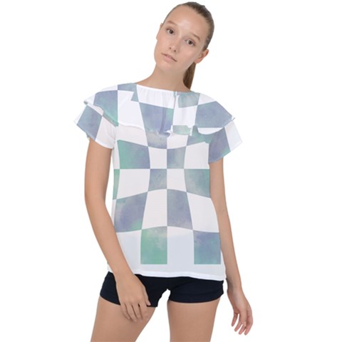 Checkerboard T- Shirt Psychedelic Watercolor Check Aqua T- Shirt Ruffle Collar Chiffon Blouse by maxcute