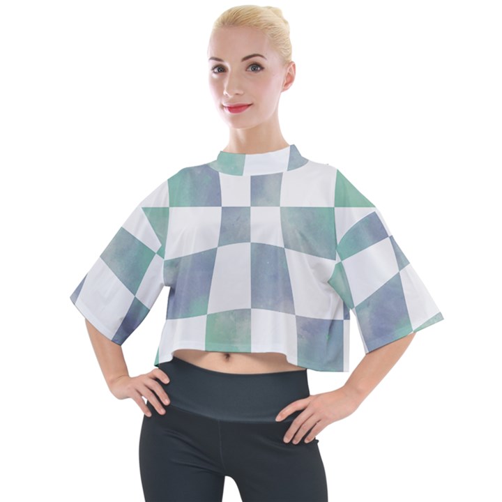 Checkerboard T- Shirt Psychedelic Watercolor Check Aqua T- Shirt Mock Neck Tee