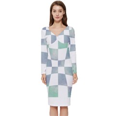 Checkerboard T- Shirt Psychedelic Watercolor Check Aqua T- Shirt Long Sleeve V-neck Bodycon Dress  by maxcute