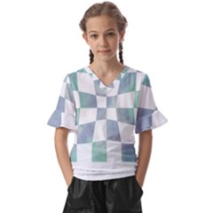 Checkerboard T- Shirt Psychedelic Watercolor Check Aqua T- Shirt Kids  V-neck Horn Sleeve Blouse by maxcute