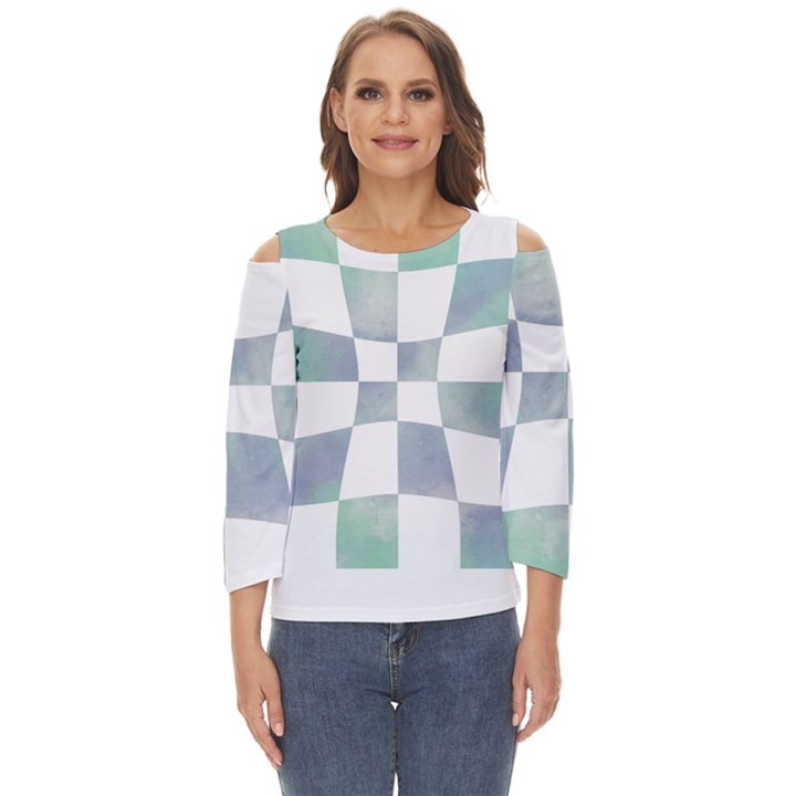 Checkerboard T- Shirt Psychedelic Watercolor Check Aqua T- Shirt Cut Out Wide Sleeve Top