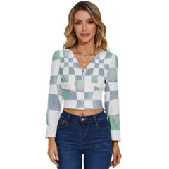 Checkerboard T- Shirt Psychedelic Watercolor Check Aqua T- Shirt Long Sleeve V-neck Top