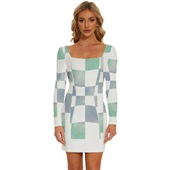 Checkerboard T- Shirt Psychedelic Watercolor Check Aqua T- Shirt Long Sleeve Square Neck Bodycon Velour Dress