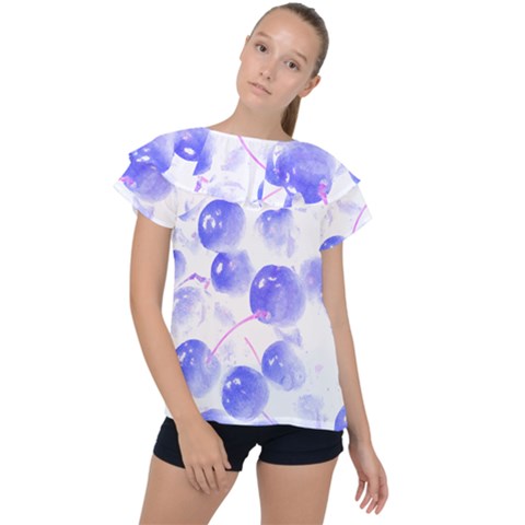 Cherry T- Shirt Blue Purple Cherries Fruit Photograph T- Shirt Ruffle Collar Chiffon Blouse by maxcute