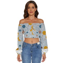 Cosmos T- Shirt Cute Baby Cosmic Pattern T- Shirt Long Sleeve Crinkled Weave Crop Top