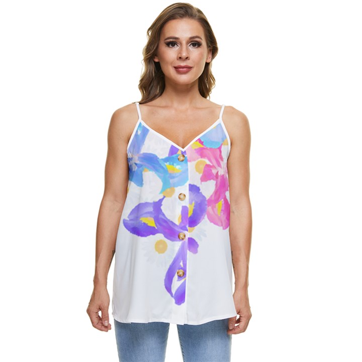 Daisies In Bloom T- Shirt Daisy Iris Heart Flower Floral Pattern Daisies T- Shirt Casual Spaghetti Strap Chiffon Top