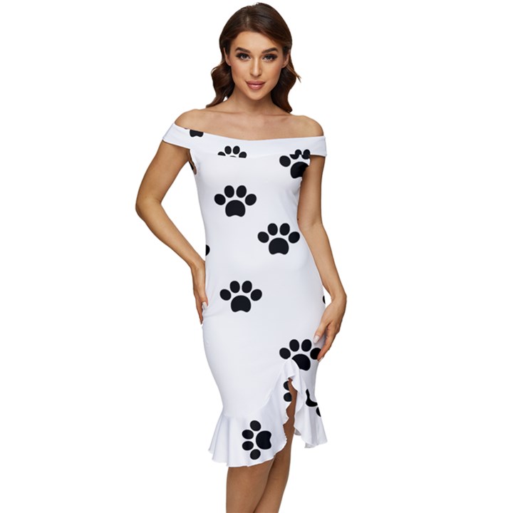 Dog Paw Print T- Shirt Paw Pattern 6 Off Shoulder Ruffle Split Hem Bodycon Dress