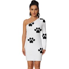 Dog Paw Print T- Shirt Paw Pattern 6 Long Sleeve One Shoulder Mini Dress