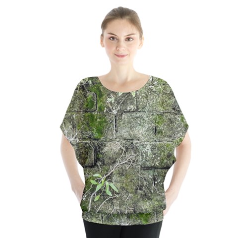 Old Stone Exterior Wall With Moss Batwing Chiffon Blouse by dflcprintsclothing