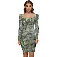 Old Stone Exterior Wall With Moss Women Long Sleeve Ruched Stretch Jersey Dress by dflcprintsclothing