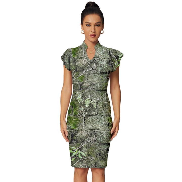 Old Stone Exterior Wall With Moss Vintage Frill Sleeve V-Neck Bodycon Dress