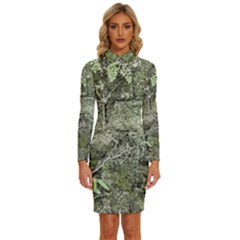 Old Stone Exterior Wall With Moss Long Sleeve Shirt Collar Bodycon Dress