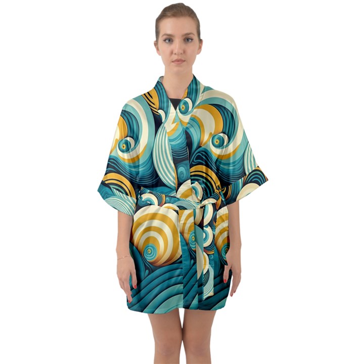 Waves Half Sleeve Satin Kimono 