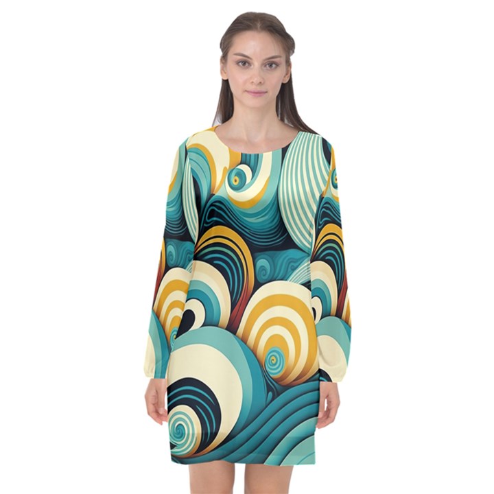 Waves Long Sleeve Chiffon Shift Dress 