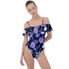 Dark Floral Frill Detail One Piece Swimsuit by fructosebat