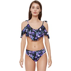 Dark Floral Ruffle Edge Tie Up Bikini Set	