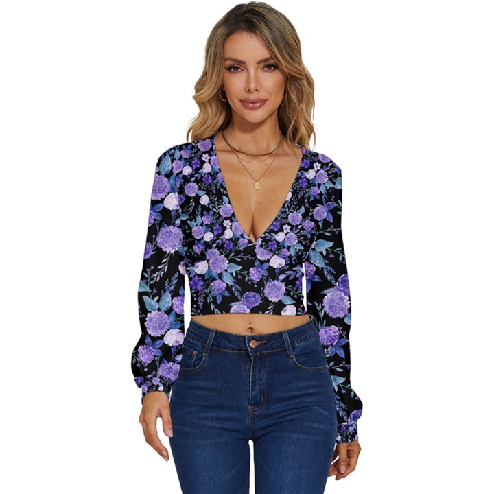 Dark Floral Long Sleeve Deep-V Velour Top