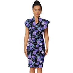 Dark Floral Vintage Frill Sleeve V-neck Bodycon Dress