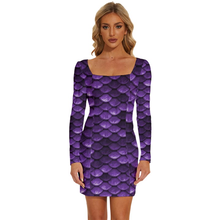 Purple Scales! Long Sleeve Square Neck Bodycon Velour Dress