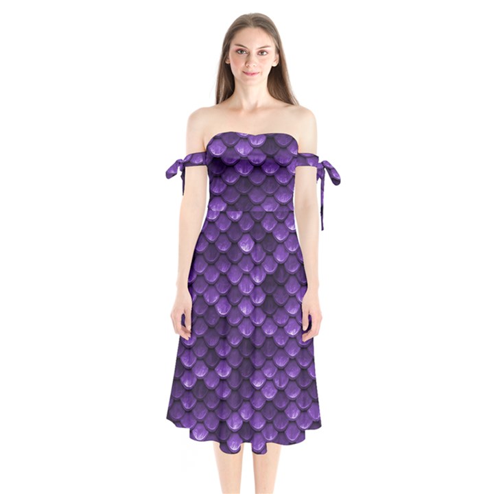 Purple Scales! Shoulder Tie Bardot Midi Dress