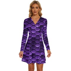 Purple Scales! Long Sleeve Deep V Mini Dress 