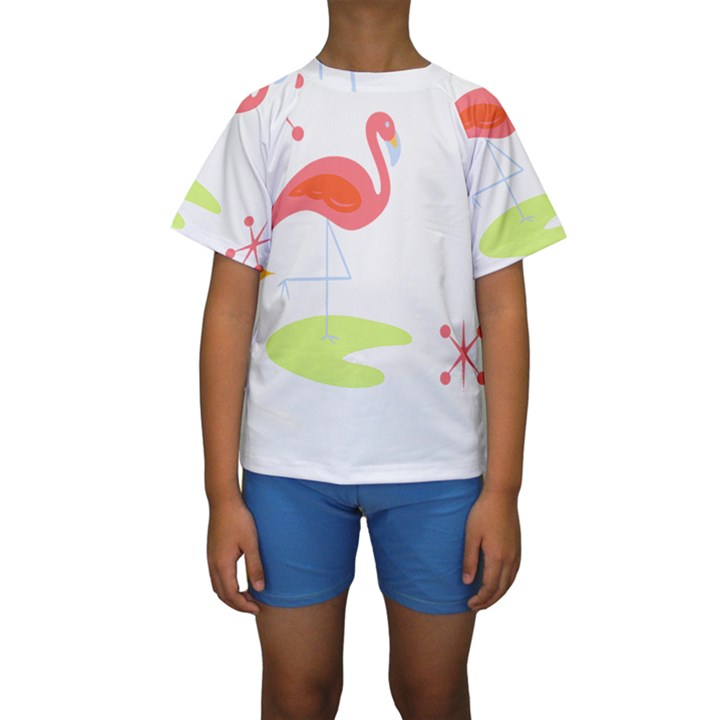 Flamingo T- Shirt Mid- Century Modern Pink Flamingo With Retro Icons Repeating Pattern T- Shirt Kids  Short Sleeve Swimwear