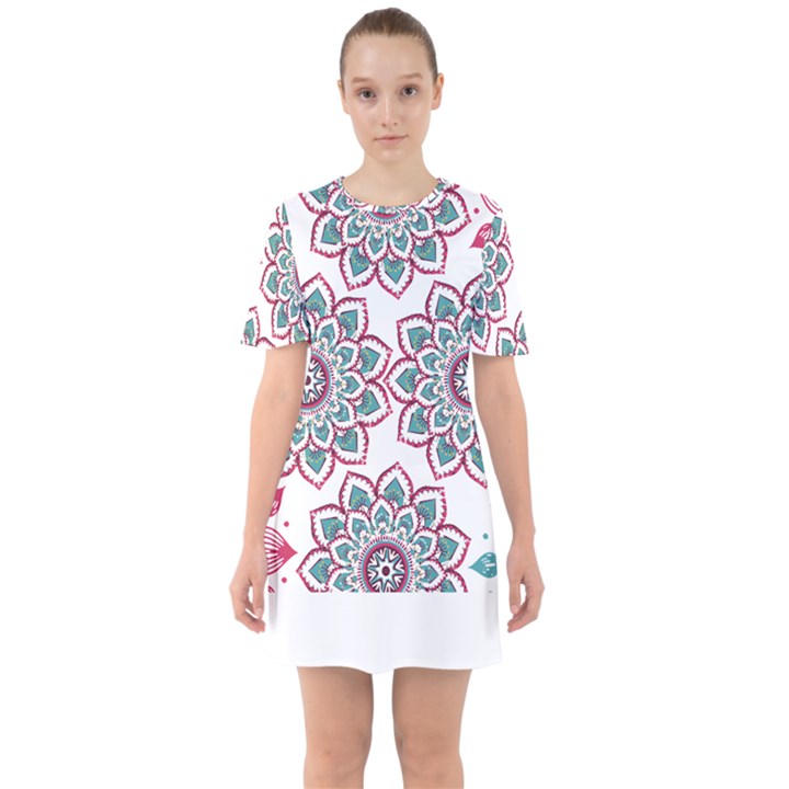 Floral Mandala T- Shirt Colorful Lotus Flower Mandala Art Pattern Sixties Short Sleeve Mini Dress