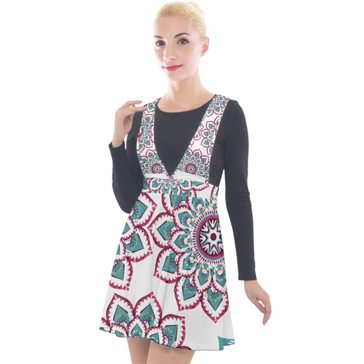 Floral Mandala T- Shirt Colorful Lotus Flower Mandala Art Pattern Plunge Pinafore Velour Dress