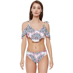 Floral Mandala T- Shirt Colorful Lotus Flower Mandala Art Pattern Ruffle Edge Tie Up Bikini Set	