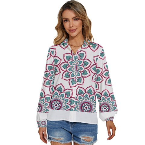 Floral Mandala T- Shirt Colorful Lotus Flower Mandala Art Pattern Women s Long Sleeve Button Down Shirt by maxcute