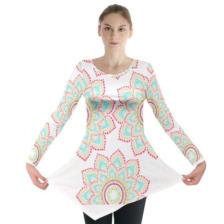 Floral Mandala T- Shirt Pretty Lotus Flower Mandala Art Pattern Long Sleeve Tunic 