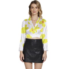 Floral Pattern T- Shirt Yellow Flowers T- Shirt Long Sleeve Tie Back Satin Wrap Top