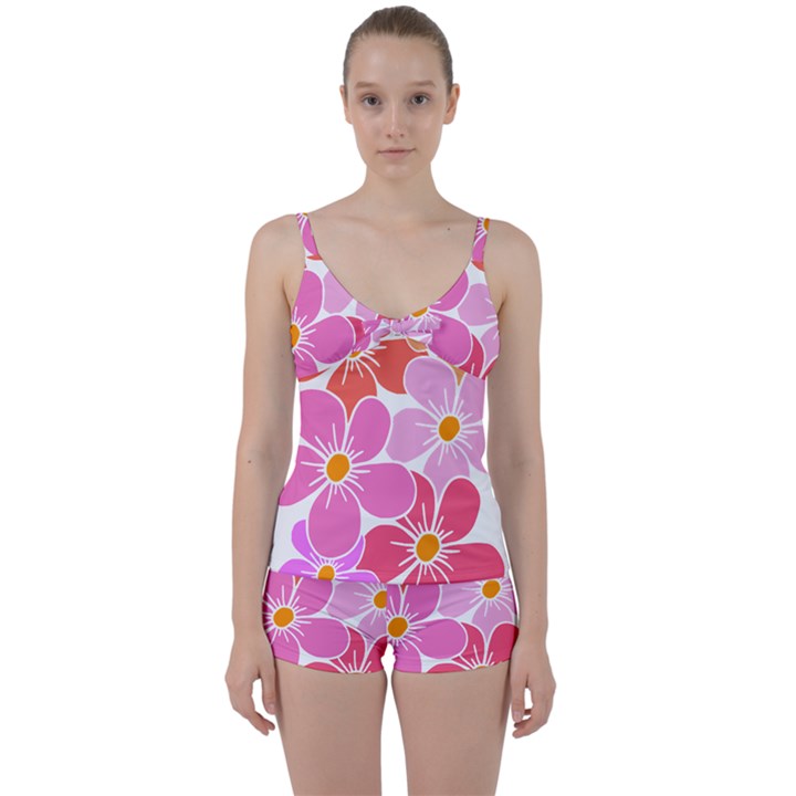 Flower Illustration T- Shirtcolorful Blooming Flower, Blooms, Floral Pattern T- Shirt Tie Front Two Piece Tankini