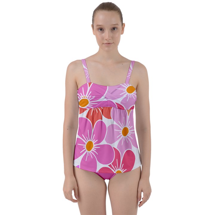 Flower Illustration T- Shirtcolorful Blooming Flower, Blooms, Floral Pattern T- Shirt Twist Front Tankini Set