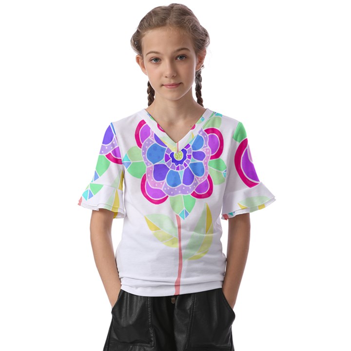 Flower Illustration T- Shirtflower T- Shirt Kids  V-Neck Horn Sleeve Blouse