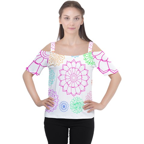 Flower Pattern T- Shirt Colorful Groovy Flower Pattern Outline T- Shirt Cutout Shoulder Tee by maxcute