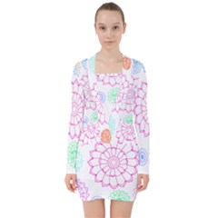 Flower Pattern T- Shirt Colorful Groovy Flower Pattern Outline T- Shirt V-neck Bodycon Long Sleeve Dress by maxcute