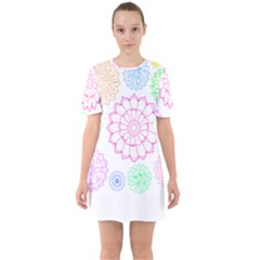 Flower Pattern T- Shirt Colorful Groovy Flower Pattern Outline T- Shirt Sixties Short Sleeve Mini Dress by maxcute