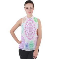 Flower Pattern T- Shirt Colorful Groovy Flower Pattern Outline T- Shirt Mock Neck Chiffon Sleeveless Top by maxcute