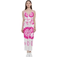 Flower Pattern T- Shirt Pink Psychedelic Floral Power Pattern T- Shirt V-neck Spaghetti Strap Tie Front Jumpsuit