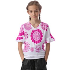 Flower Pattern T- Shirt Pink Psychedelic Floral Power Pattern T- Shirt Kids  V-neck Horn Sleeve Blouse by maxcute