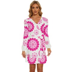 Flower Pattern T- Shirt Pink Psychedelic Floral Power Pattern T- Shirt Long Sleeve Waist Tie Ruffle Velour Dress