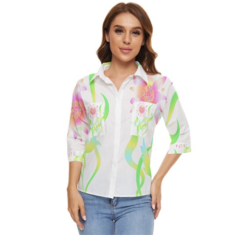 Flower Pattern T- Shirtflower T- Shirt Women s Quarter Sleeve Pocket Shirt by maxcute