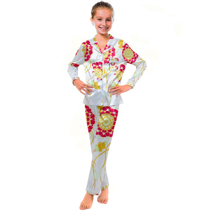 Flowers Art T- Shirtflowers T- Shirt (15) Kid s Satin Long Sleeve Pajamas Set