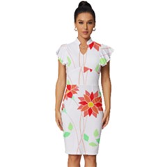 Flowers Art T- Shirtflowers T- Shirt (2) Vintage Frill Sleeve V-neck Bodycon Dress