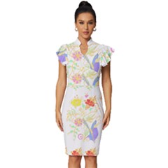 Flowers Art T- Shirtflowers T- Shirt Vintage Frill Sleeve V-neck Bodycon Dress