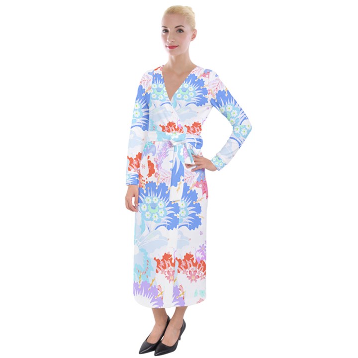 Flowers Illustration T- Shirt Sunshine Blossoms Velvet Maxi Wrap Dress