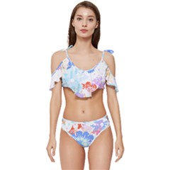 Flowers Illustration T- Shirt Sunshine Blossoms Ruffle Edge Tie Up Bikini Set	