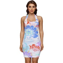 Flowers Illustration T- Shirt Sunshine Blossoms Sleeveless Wide Square Neckline Ruched Bodycon Dress