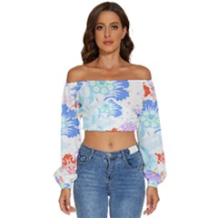 Flowers Illustration T- Shirt Sunshine Blossoms Long Sleeve Crinkled Weave Crop Top